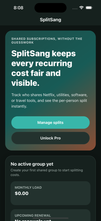 SplitSang home screen showing shared subscription summary