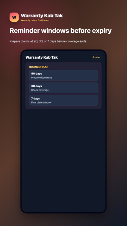 Warranty Vault Sunrise theme reminders screen